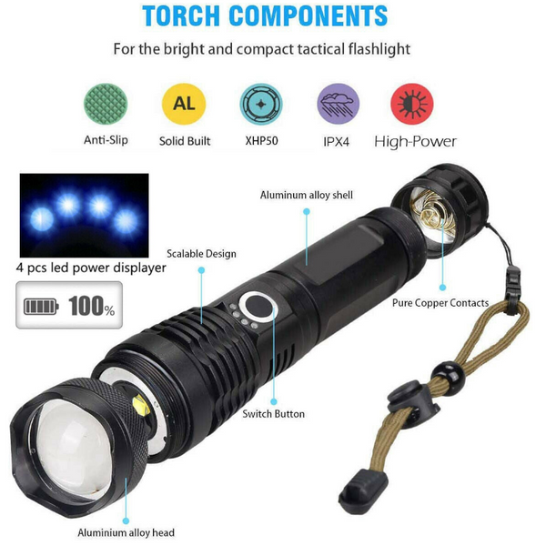 Rechargeable Powerful High Lumens Xhp50 Flashlight Led Torch Torches