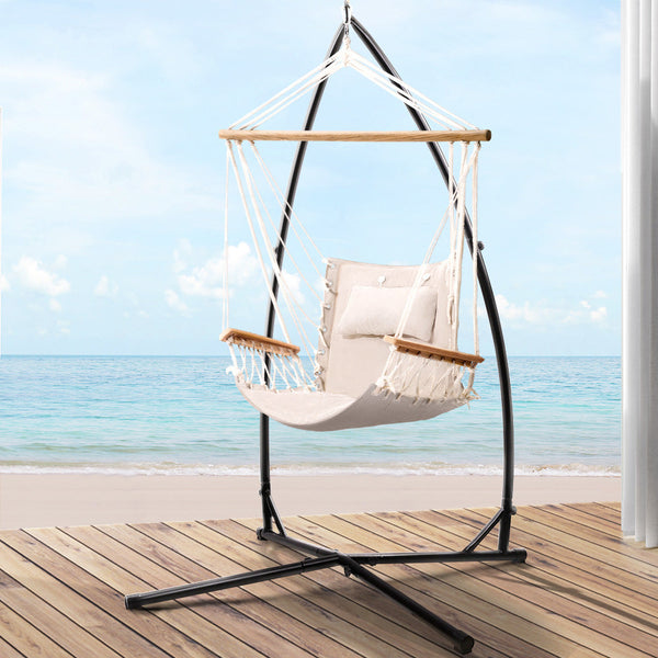 Gardeon Outdoor Hammock Chair With Steel Stand Hanging Beach Cream