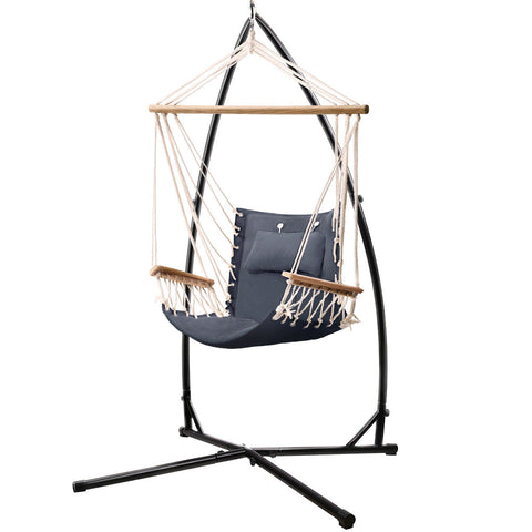 Gardeon Outdoor Hammock Chair With Steel Stand Hanging Beach Grey