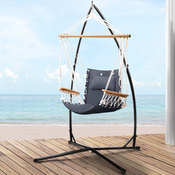 Gardeon Outdoor Hammock Chair With Steel Stand Hanging Beach Grey