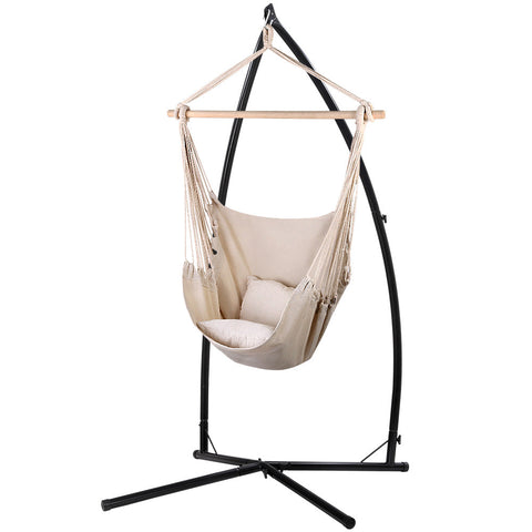 Gardeon Outdoor Hammock Chair With Steel Stand Hanging Pillow Cream