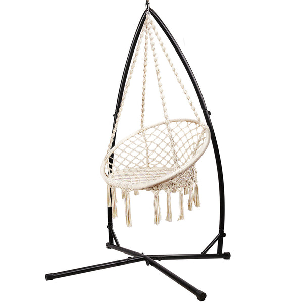 Gardeon Outdoor Hammock Chair With Steel Stand Cotton Swing Hanging 124Cm Cream Hammocks