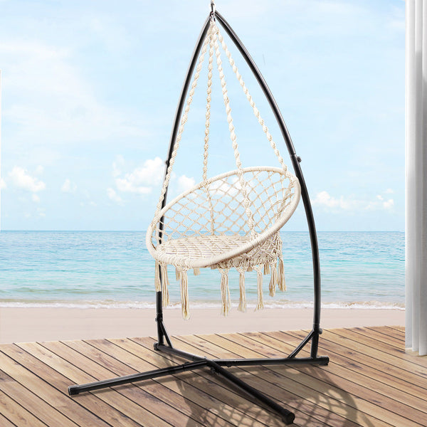 Gardeon Outdoor Hammock Chair With Steel Stand Cotton Swing Hanging 124Cm Cream Hammocks