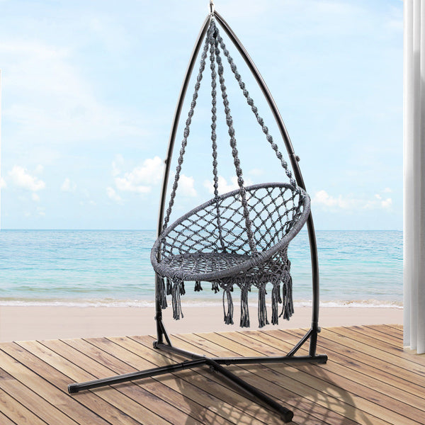 Gardeon Outdoor Hammock Chair With Steel Stand Cotton Swing Hanging 124Cm Grey