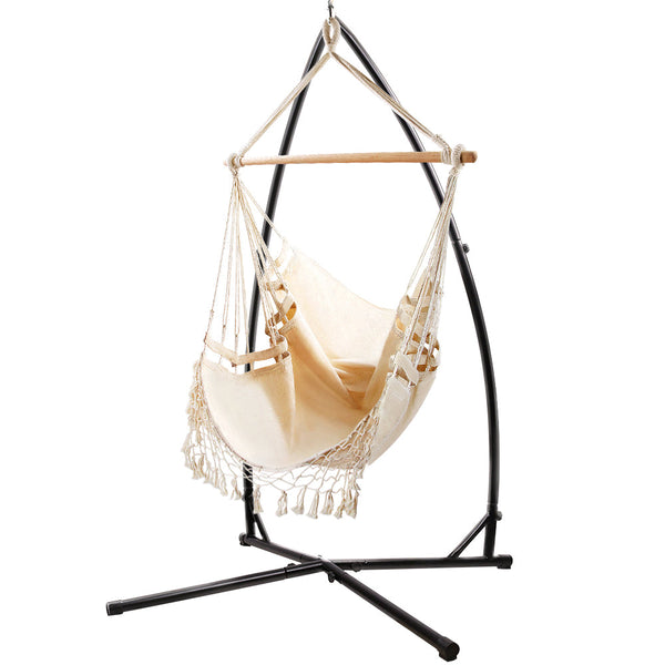 Gardeon Outdoor Hammock Chair With Steel Stand Tassel Hanging Rope Cream Hammocks
