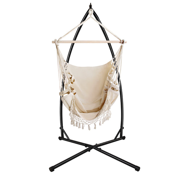 Gardeon Outdoor Hammock Chair With Steel Stand Tassel Hanging Rope Cream Hammocks