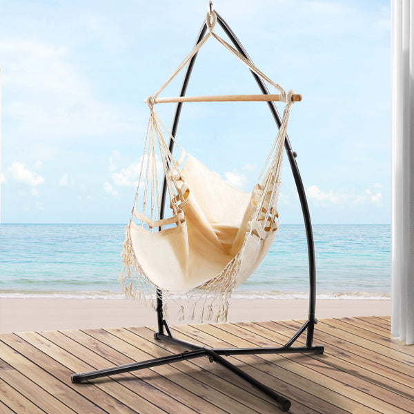 Gardeon Outdoor Hammock Chair With Steel Stand Tassel Hanging Rope Cream Hammocks