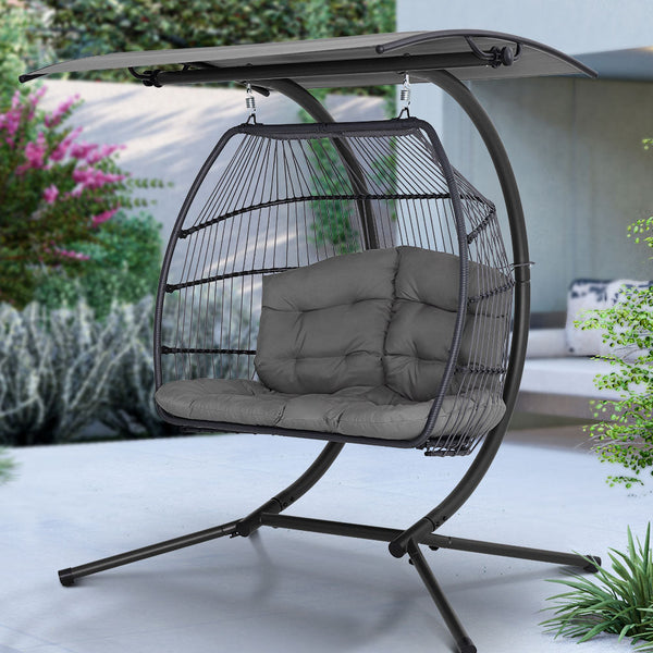 Gardeon Outdoor Furniture Lounge Hanging Swing Chair Egg Hammock Stand Rattan Wicker Grey Swing Seats