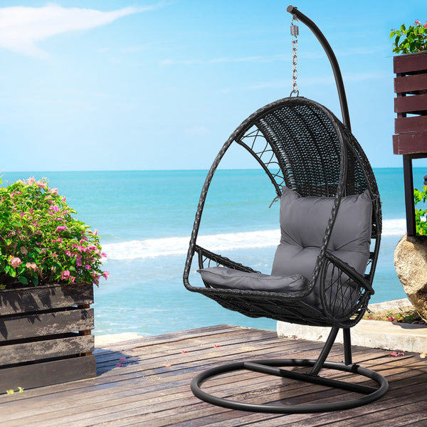 Gardeon Outdoor Egg Swing Chair Wicker Furniture Pod Stand Armrest Black Patio Chairs