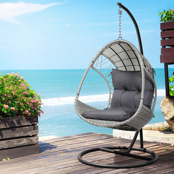 Gardeon Outdoor Egg Swing Chair Wicker Furniture Pod Stand Armrest Light Grey Patio Chairs