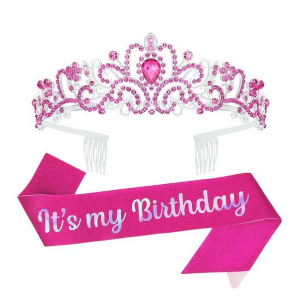 Hot Pink Birthday Headband & Crown Happy Princess Tiara For Women Girls Party Decorations