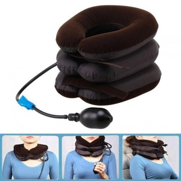 Household Inflatable Neck Traction Device 3 Layer Head Support Pillow Brown