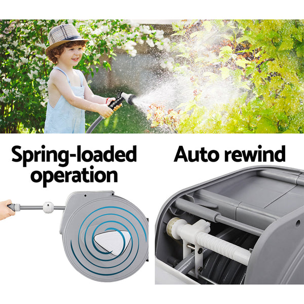 Green Fingers 20M Retractable Water Hose Reel Garden Storage Autorewind Spray Gun Patio Umbrellas