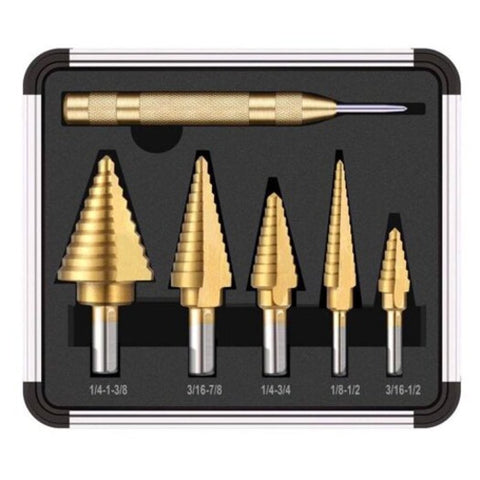 Titanium Coated Step Drill Bit With Center Punch Hole Cutter Drilling Tool 6Pcs Gold
