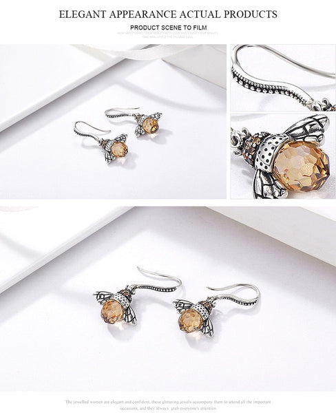 Veile Studios 925 Sterling Silver Yellow Bee Drop Women Earrings