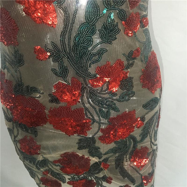 Rose Sequins Sheer Mesh Bodycon Mini Dress Women Dresses
