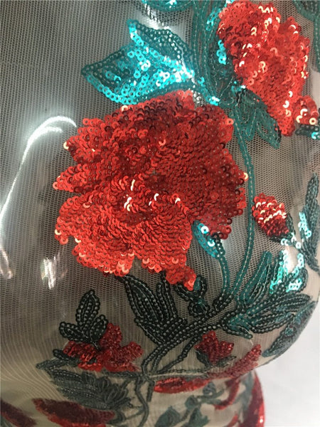 Rose Sequins Sheer Mesh Bodycon Mini Dress Women Dresses