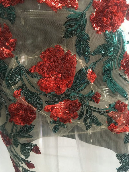 Rose Sequins Sheer Mesh Bodycon Mini Dress Women Dresses