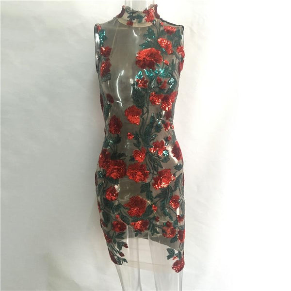 Rose Sequins Sheer Mesh Bodycon Mini Dress Women Dresses