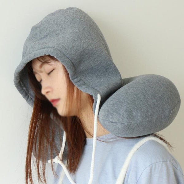 Grey Portable U Shaped Neck Pillow With Drawstring Hood