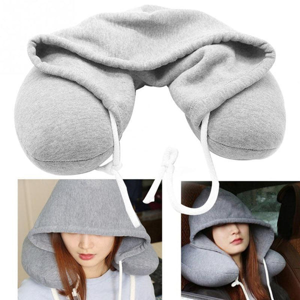 Grey U Shaped Neck Pillow With Drawstring Hood Pillows