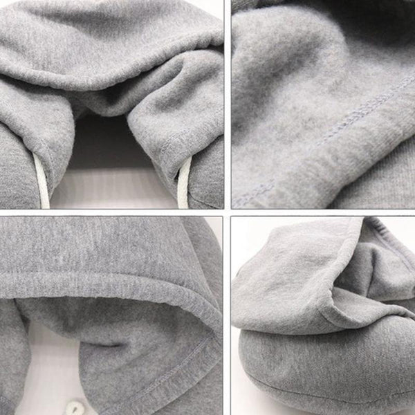 Grey Portable U Shaped Neck Pillow With Drawstring Hood