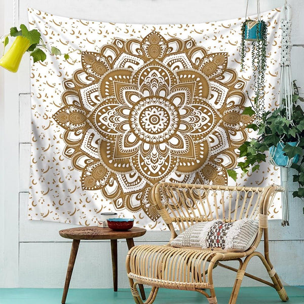 Gold White Mandala Tapestry Wall Hanging Boho Decor Tapestries