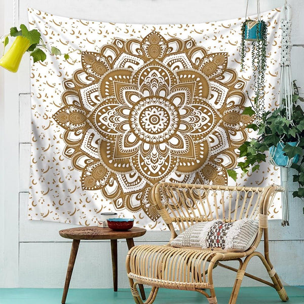 Gold White Mandala Tapestry Wall Hanging Boho Home Decor