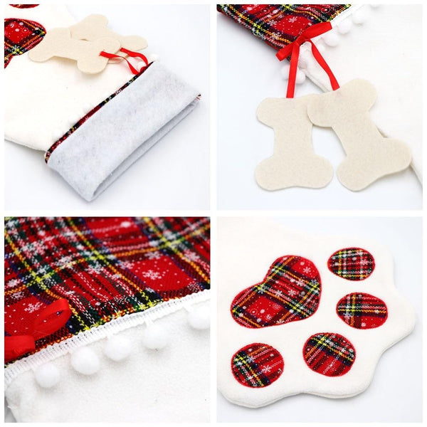 Red Or Blue Plaid Paw Shaped Pet Christmas Stocking For Dogs Cats Seasonal Decorations
