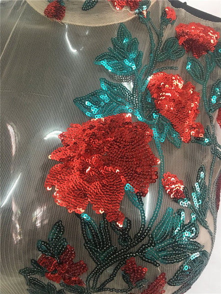 Rose Sequins Sheer Mesh Bodycon Mini Dress Women Dresses