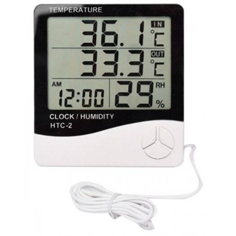 Htc 2 Digital Thermometer Hygrometer Clock Calendar With Sensor Probe White Weather Stations