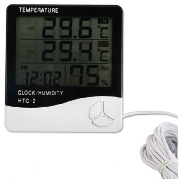 Htc 2 Digital Thermometer Hygrometer Clock Calendar With Sensor Probe White