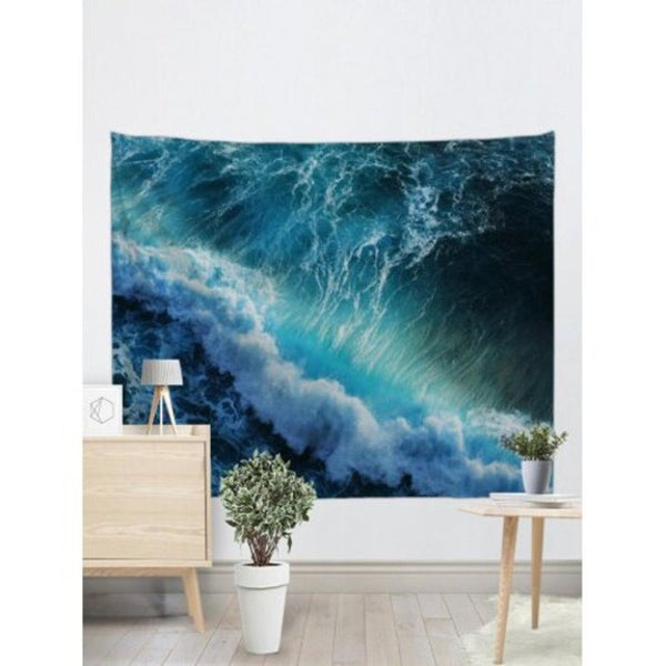 Huge Sea Waves Printed Wall Art Tapestry Blue W79 Inch L59
