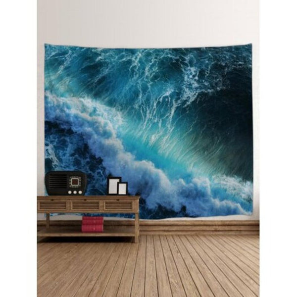 Huge Sea Waves Printed Wall Art Tapestry Blue W79 Inch L59
