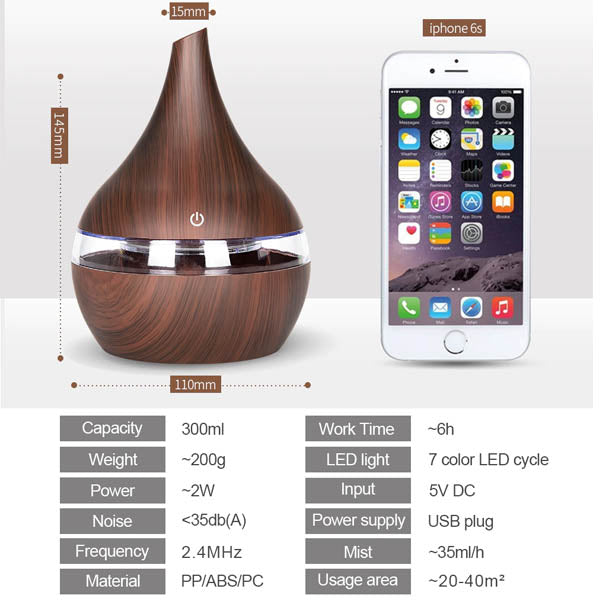 Portable Humidifier Usb Ultrasonic Aroma Diffuser With Seven Colors Led 300Ml