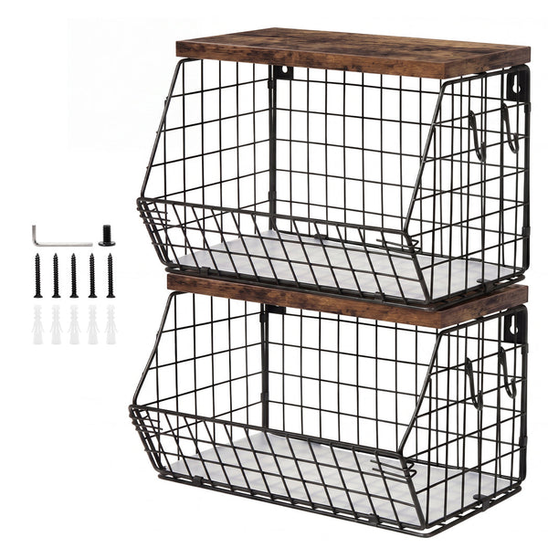 Toque 2Pcs Stackable Wall Mounted Kitchen Fruit Storage Basket With Wood Lid Storage Bins & Baskets