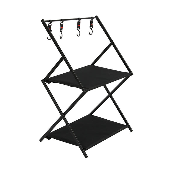 Levede Foldable Shelves 2 Layer With Hooks Black Camping Storage