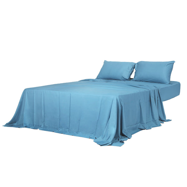 Dreamz 4Pcs Double Size 100% Bamboo Bed Sheet Set In Blue Colour Soft Cool Breathable Sheets