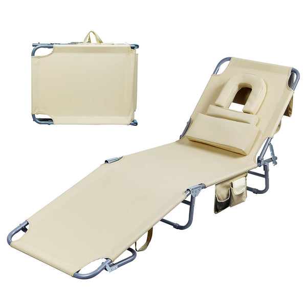 Levede Foldable Beach Lounge Chairs With Face Hole Khaki Loungers