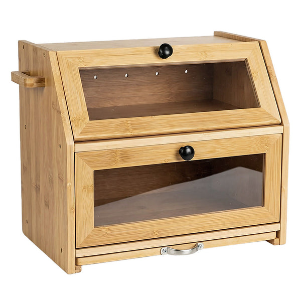 Toque Double Layer Bamboo Bread Box With Window & Cutting Board Bread Bins