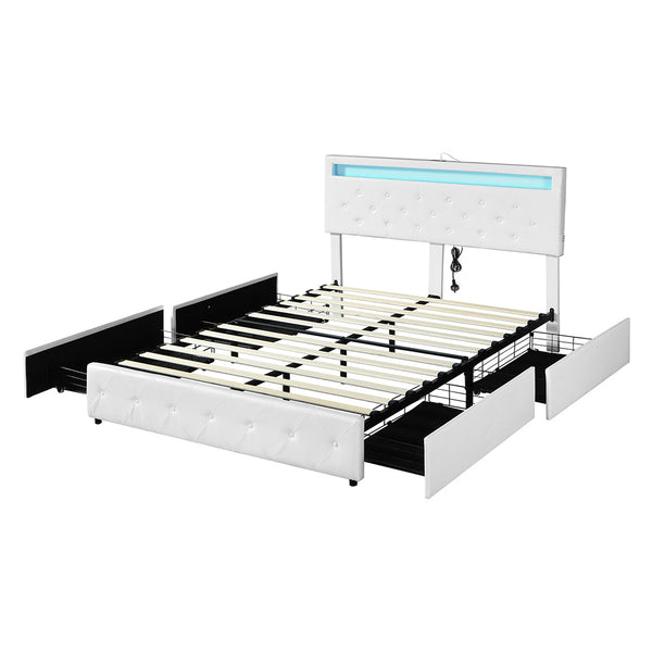 Levede Queen Bed Frame Rgb Led Pu 4 Drawer Usb Queen Bed Frames