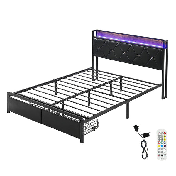 Levede Double Metal Bed Frame Led Lights 2 Drawers Double Bed Frames