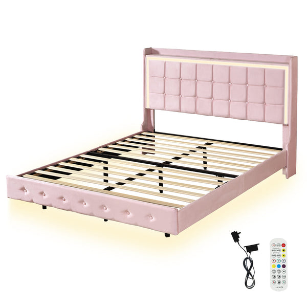 Levede Double Floating Bed Frame With Led Lights & Usb Ports Pink Double Bed Frames