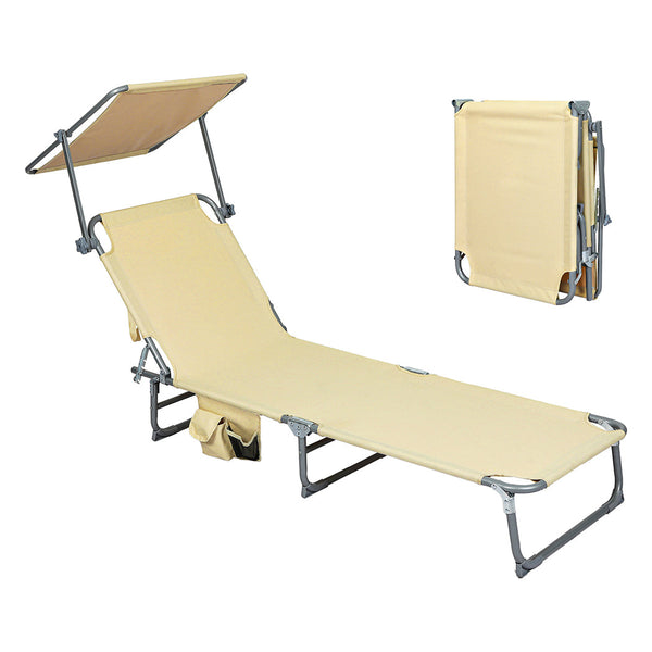 Levede Foldable Lounge Chairs With Canopy Khaki Loungers