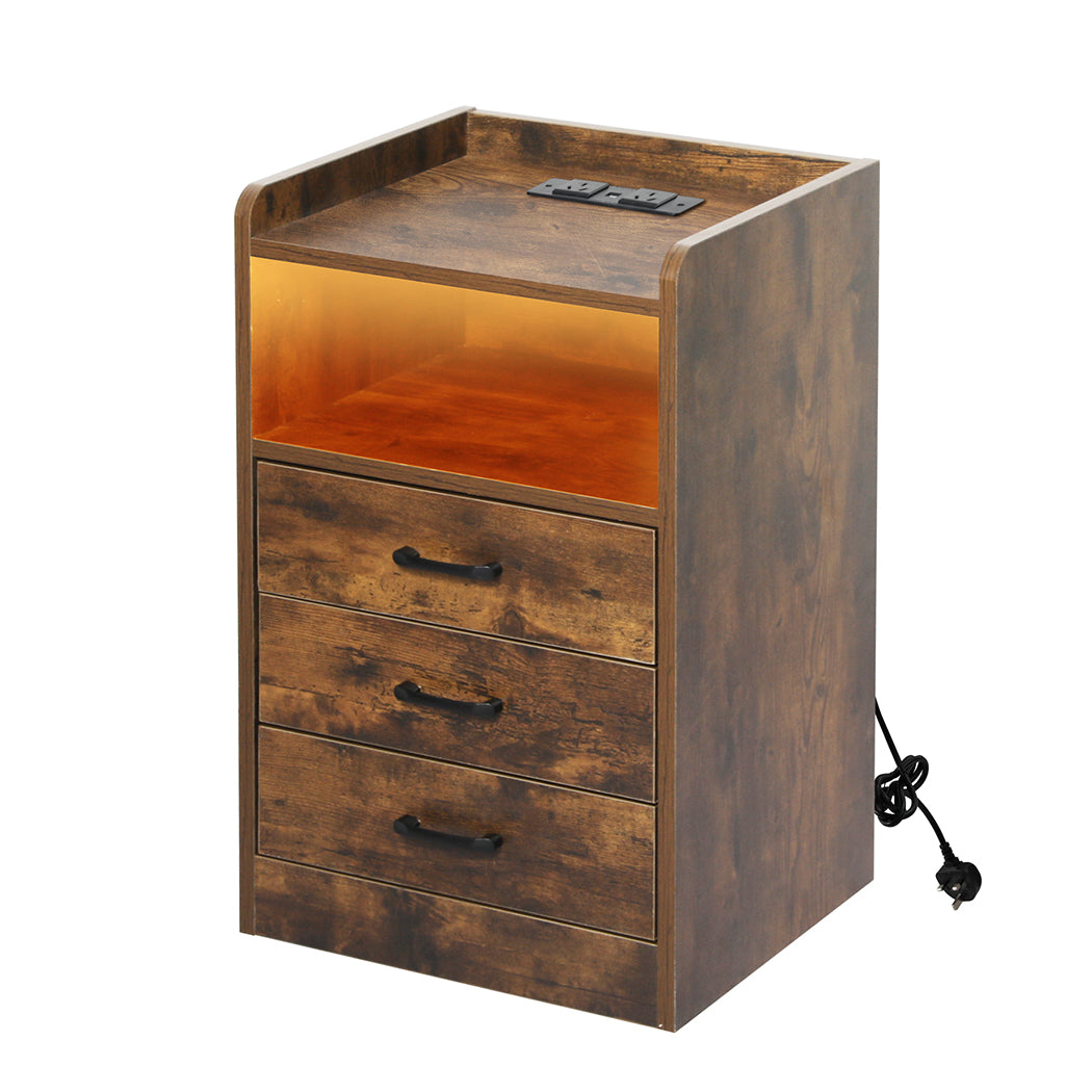 Levede Bedside Table Usb Charger Outlet Led Oak Bedside Tables