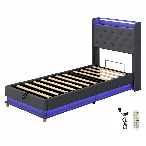 Levede Single Bed Frame Gas Lift Storage Led Light Usb Single Bed Frames