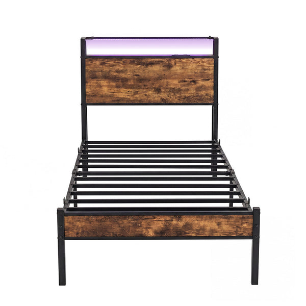 Levede Single Bed Frame With Led Usb Charging Storage Headboard Walnut Black Single Bed Frames