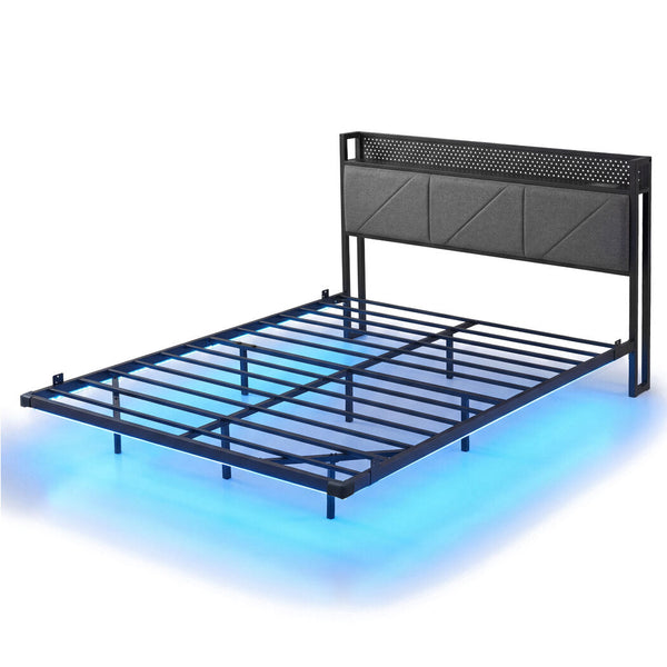 Levede Double Floating Bed Frame With Led Usb Storage Headboard Dark Grey Double Bed Frames