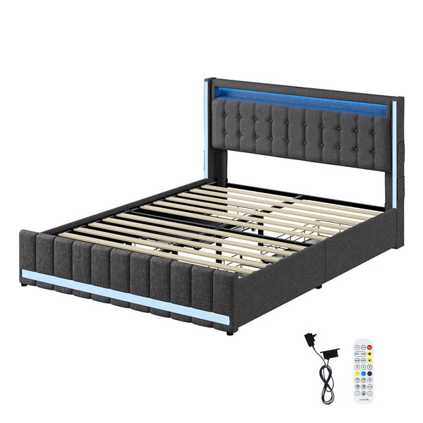 Levede Queen Bed Frame With Led Lights Usb Ports And Storage Drawers Queen Bed Frames