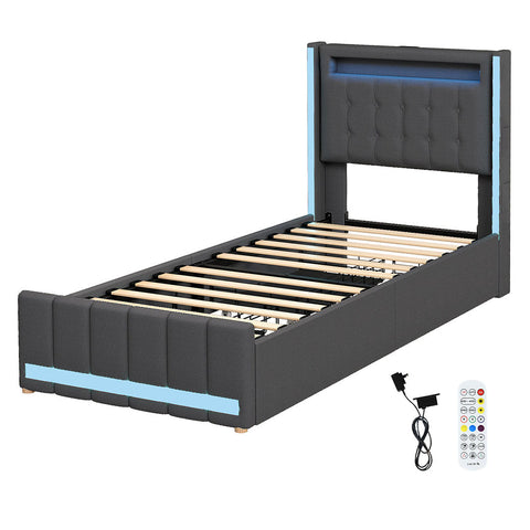 Levede Single Bed Frame Fabric Storage Drawer Led Usb Single Bed Frames